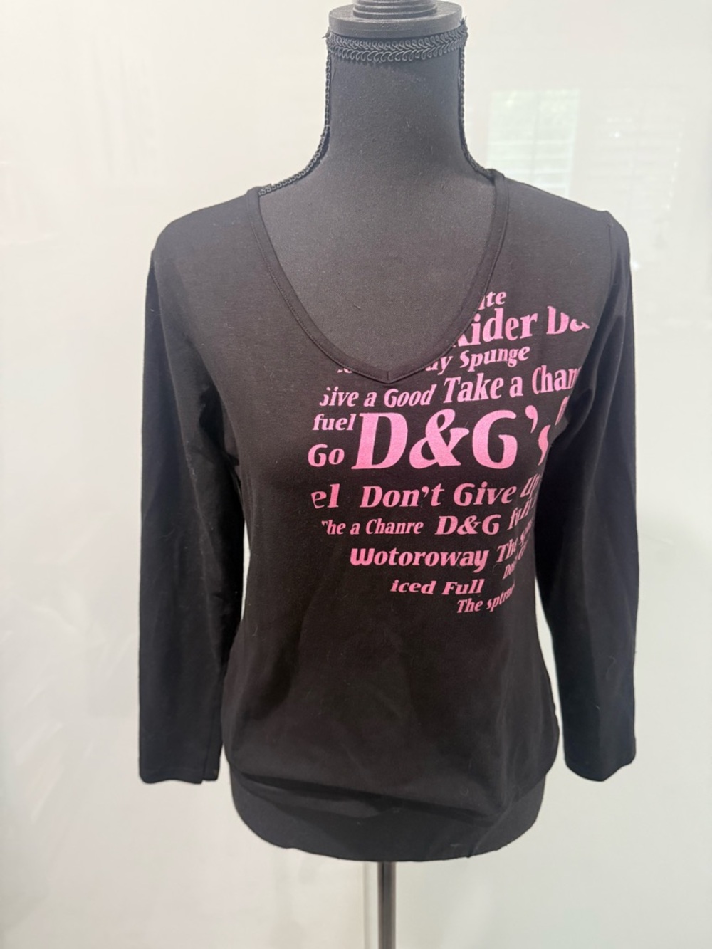 D&G Black Long Sleeve Tee with Pink Logo Text